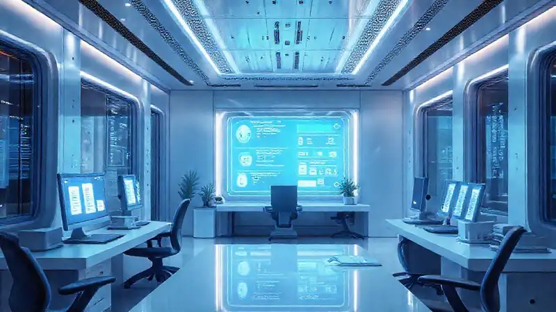 Oficina futurista, interfaces digitales y calma