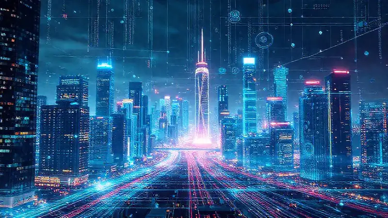 Una ciudad digital futurista resplandece virtualmente