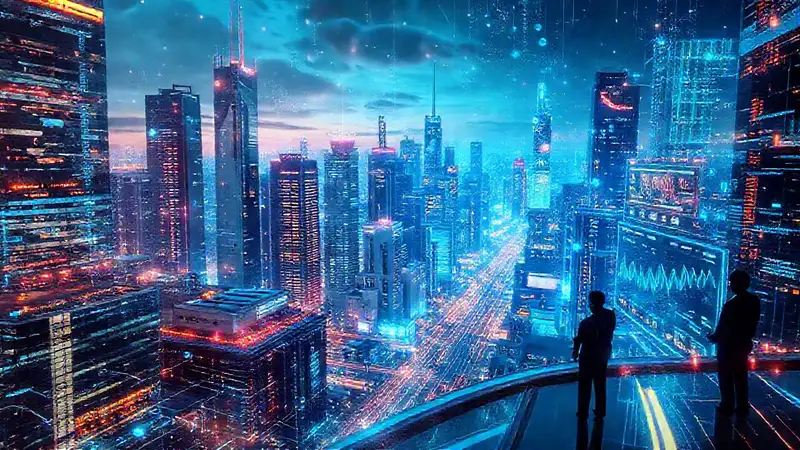 Una ciudad futurista digitalmente innovadora brilla