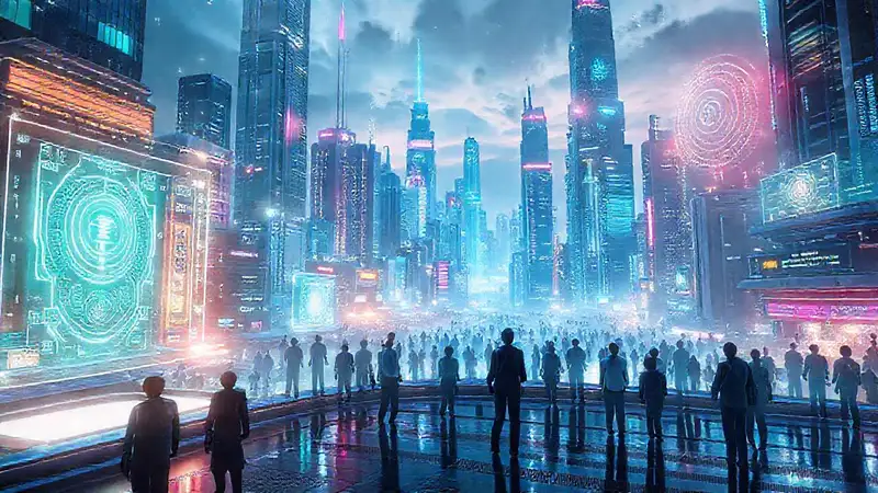 Ciudad futurista holográfica e interactiva