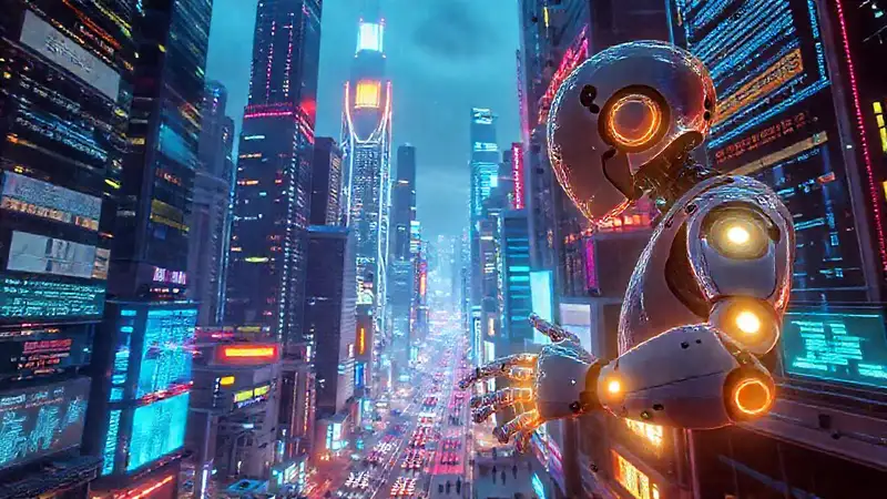 Ciudad futurista, tecnología y sombras digitales