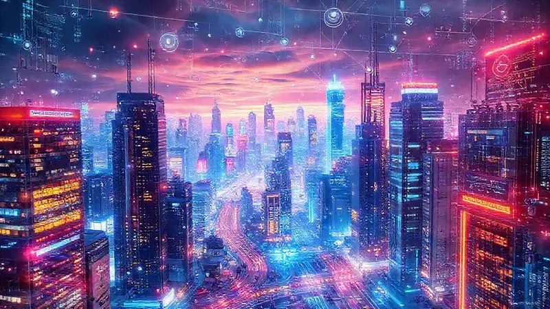 Ciudad futurista, tecnología brillante e intensa