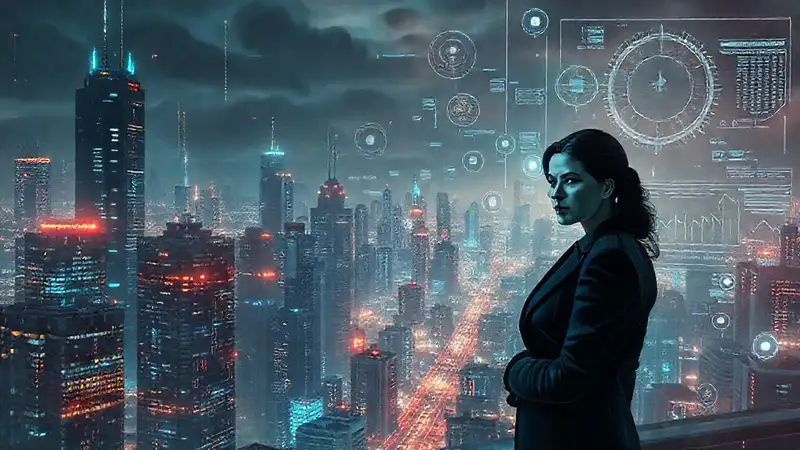 Ciudad futurista con inteligencia artificial seria