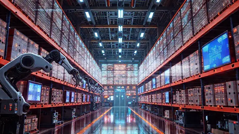 Almacén futurista robótico, diseño eficiente y digital
