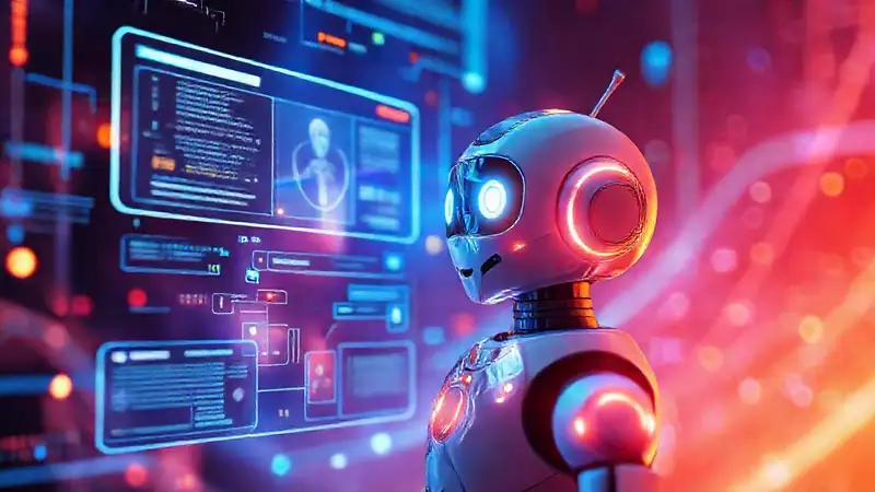 Un chatbot futurista interactúa en un mundo digital