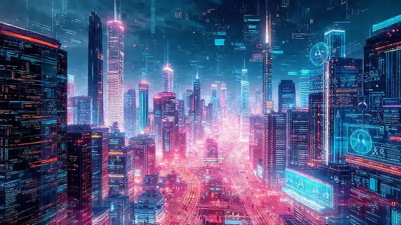 Ciudad futurista, IA y optimismo tecnológico