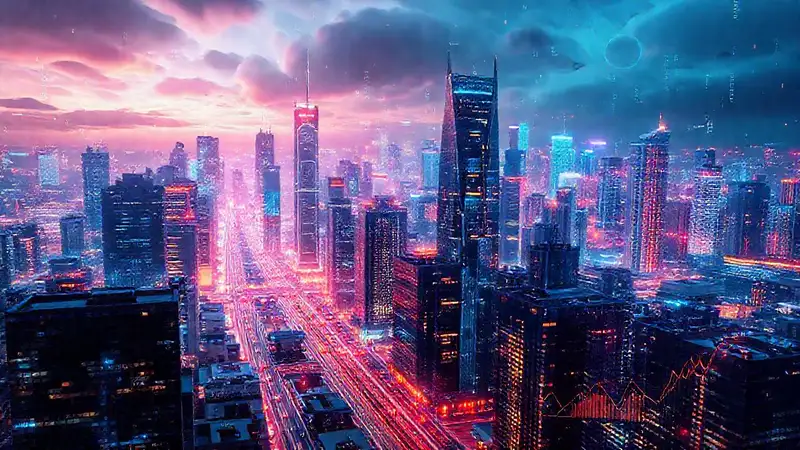 Ciudad futurista, datos y tecnología innovadora