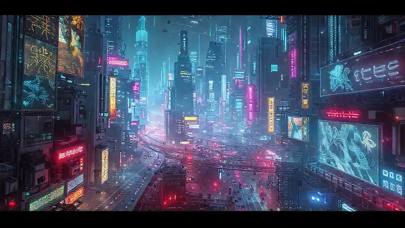 Una ciudad futurista y misteriosa brilla