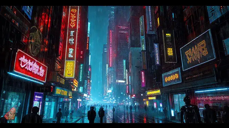 Ciudad cyberpunk, oscura y lluviosa, resplandeciente