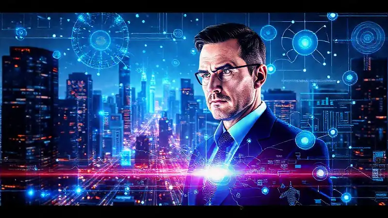 Ciudad futurista, datos holográficos y negocios serios