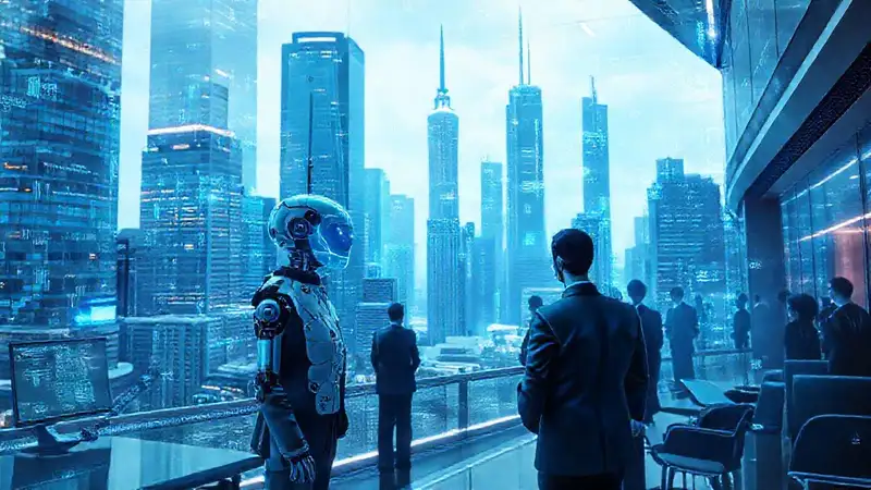Ciudad futurista con tecnología corporativa avanzada