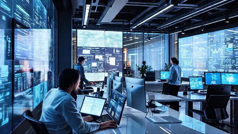 Oficina moderna, tecnología y colaboración dinámica