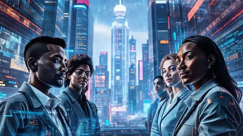 Ciudad futurista digitalmente iluminada y diversa