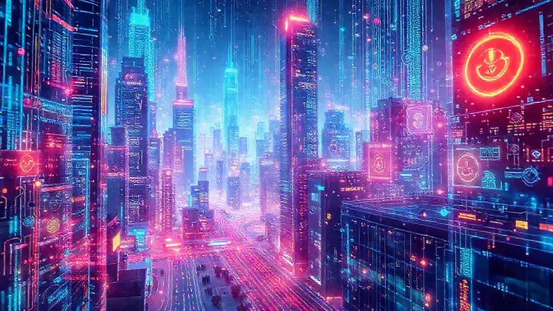 Ciudad futurista, arte digital vibrante