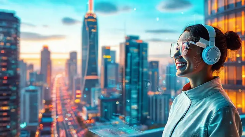 Ciudad futurista con IA optimista