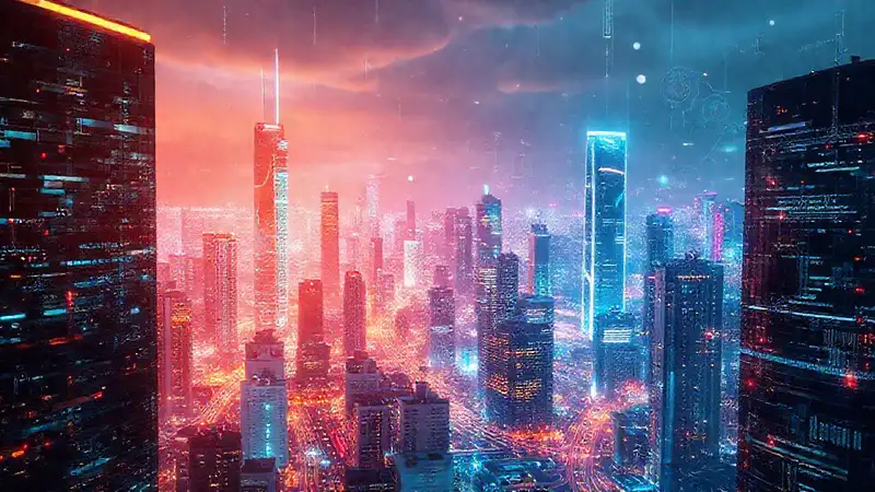 Ciudad futurista digitalmente brillante y compleja