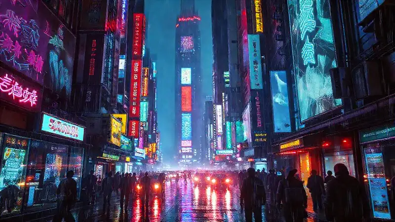Ciudad cyberpunk vibrante y oscura