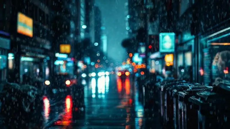 Ciudad lluviosa: luces borrosas y tristeza