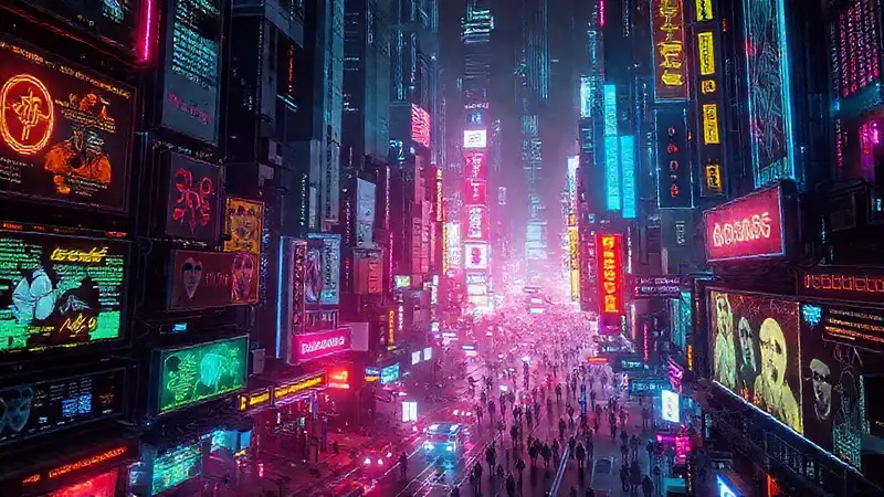 Ciudad cyberpunk digital, vibrante y futurista