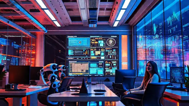 Oficina futurista, datos y robots brillantes