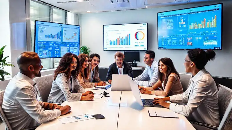 Oficina moderna: equipo enfocado, datos estratégicos