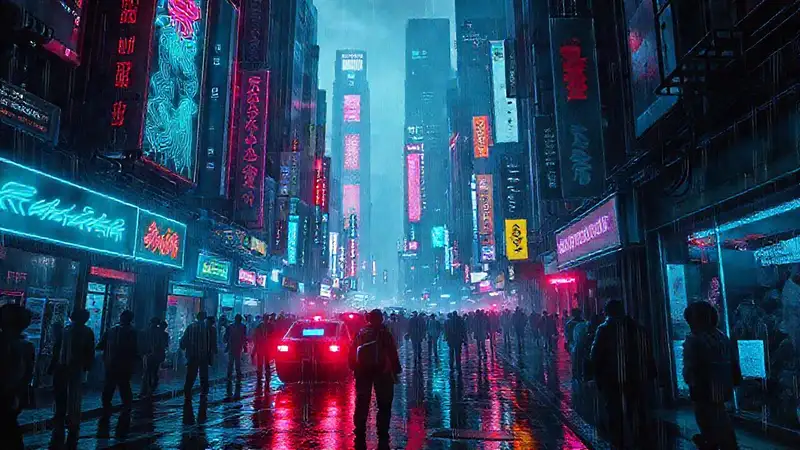 Ciudad cyberpunk vibrante y digitalmente distorsionada