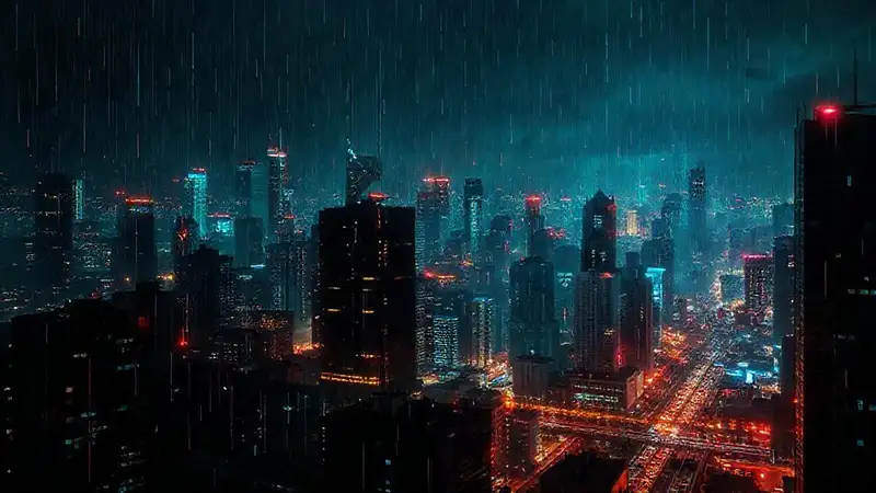 Ciudad digital oscura, amenaza futura vibrante