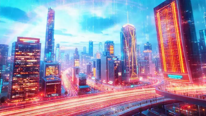 Ciudad futurista: datos y hologramas brillantes