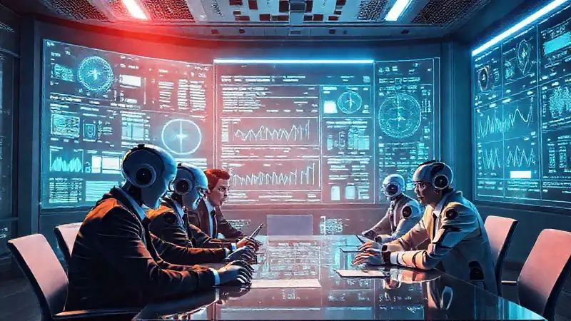Reunión estratégica en oficina futurista