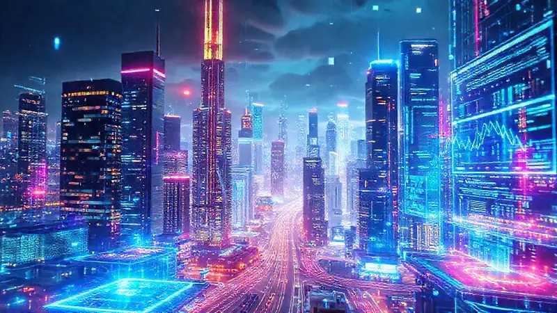 Ciudad futurista digitalmente brillante e interconectada