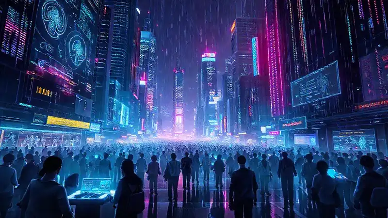 Ciudad futurista vibrante y digitalmente intensa