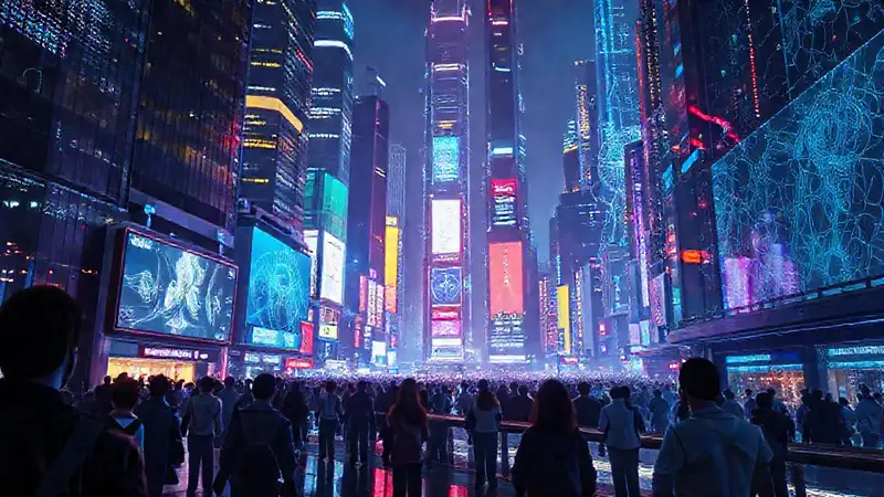 Ciudad futurista digitalmente iluminada y vibrante