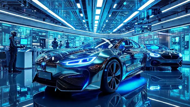 Un salón de coches futurista, digital y robótico