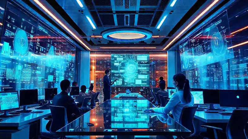 Oficina futurista, empleados felices y digital