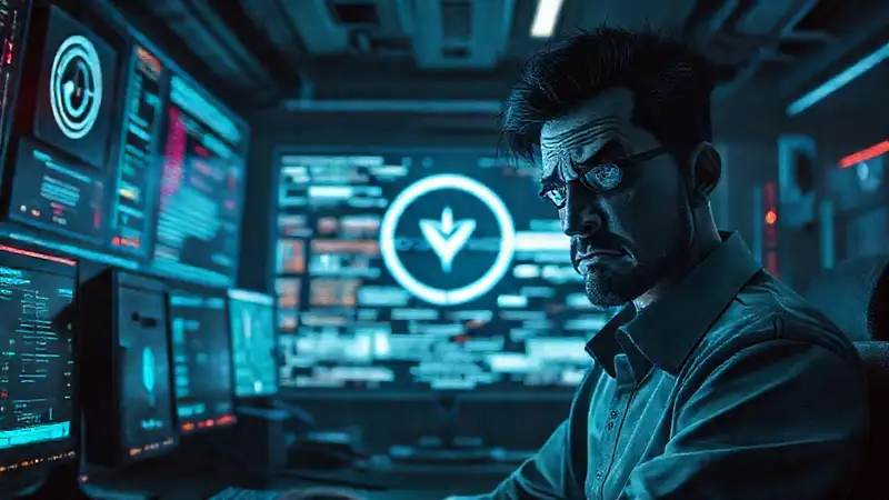 Un empleado ansioso trabaja en un futuro corporativo