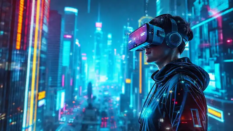 Ciudad futurista holográfica y digitalmente iluminada