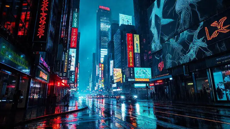 Ciudad cyberpunk: neón, lluvia y caos