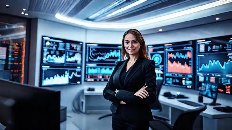 Una mujer segura trabaja en un futuro digital