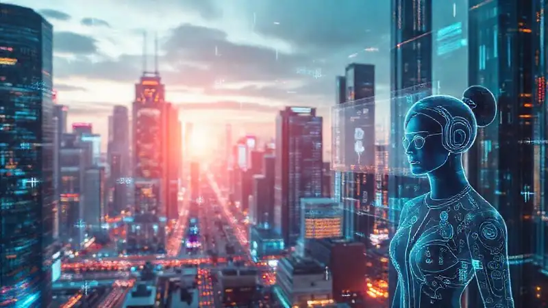 Ciudad futurista holográfica y digitalmente vibrante