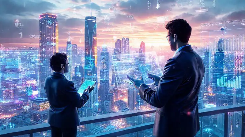 Ciudad futurista analiza datos vibrantes