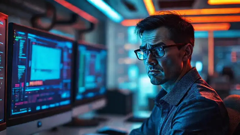 Empleado ansioso en oficina futurista digital