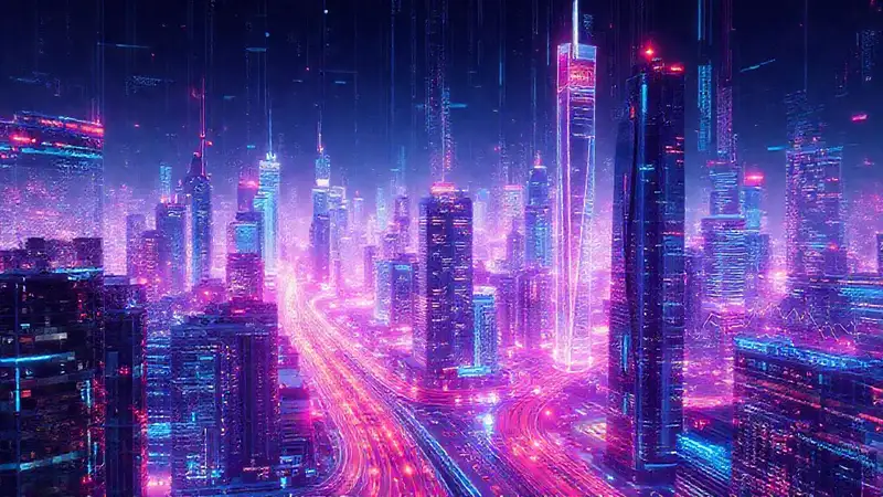 Ciudad futurista digital, vibrante e inteligente