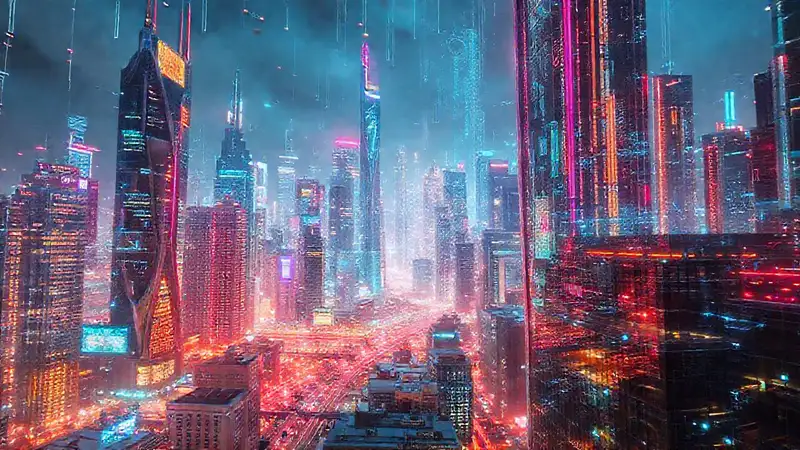 Ciudad futurista digitalmente brillante y compleja