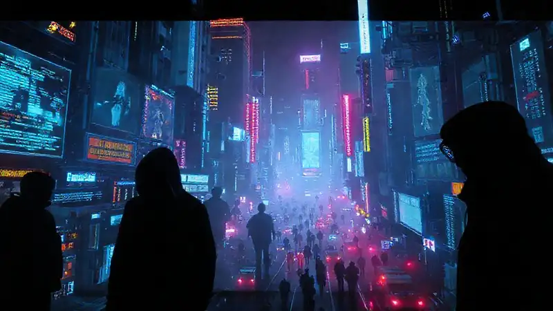 Ciudad cyberpunk digital y oscura
