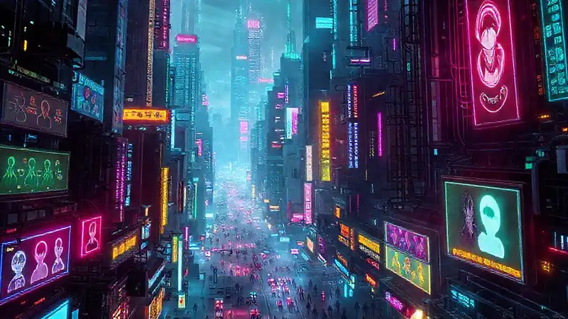 Ciudad cibernética vibrante y futurista