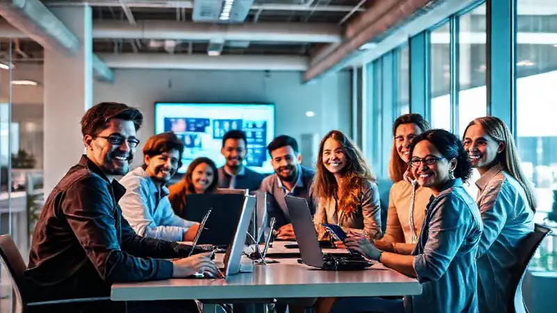 Oficina moderna: equipo diverso, productividad simple