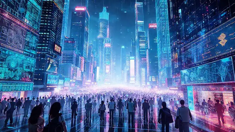 Ciudad futurista digitalmente vibrante y optimista