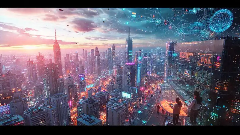 Ciudad futurista digitalmente brillante y diversa