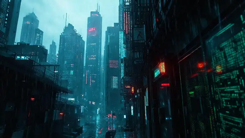 Ciudad cyberpunk digital, caótica e inminente