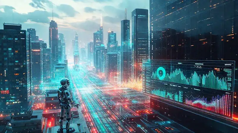 Ciudad futurista digital, robótica y análisis